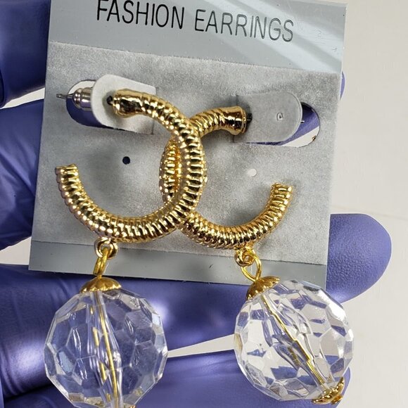 Gold-Tone Textured Hoop Earrings w/ Clear Crystal Drop – Bold Statement Jewelry - Picture 8 of 8